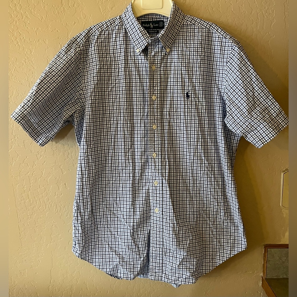 Ralph Lauren Size L Classic Fit Button Up Blue White Plaid Short Sleeve Men Prep